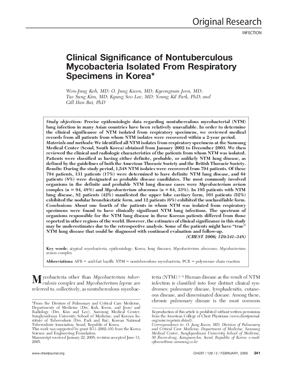 Clinical Significance of Nontuberculous Mycobacteria Isolated From Respiratory Specimens in Korea 