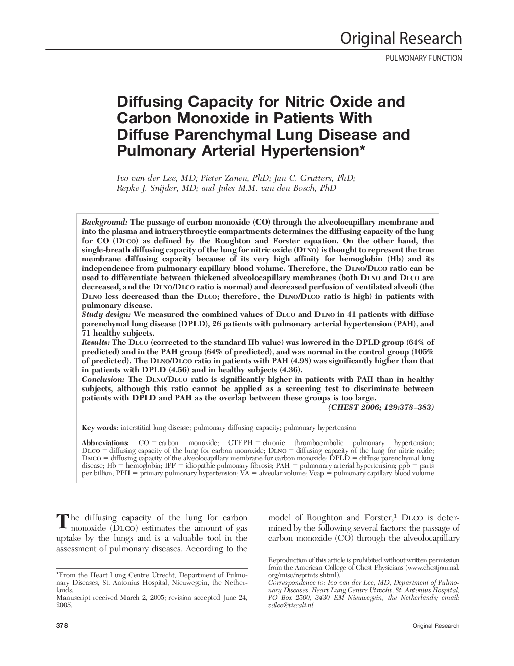 Diffusing Capacity for Nitric Oxide and Carbon Monoxide in Patients With Diffuse Parenchymal Lung Disease and Pulmonary Arterial Hypertension