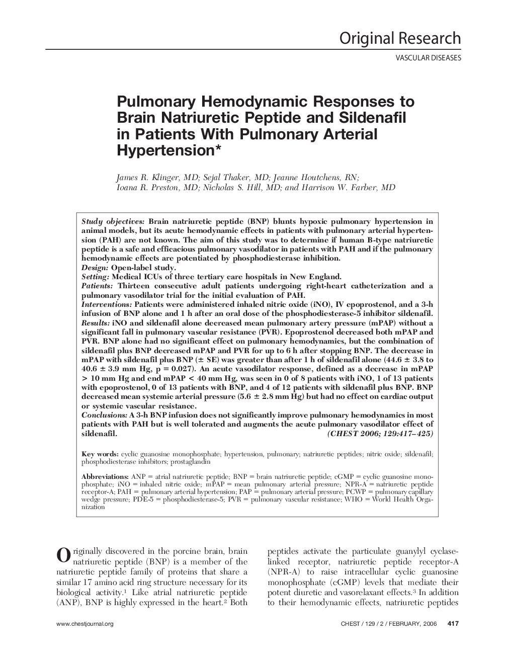 Pulmonary Hemodynamic Responses to Brain Natriuretic Peptide and Sildenafil in Patients With Pulmonary Arterial Hypertension 