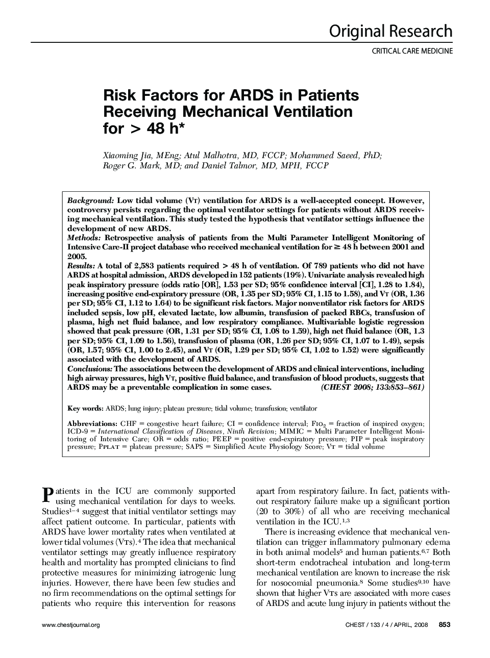 Risk Factors for ARDS in Patients Receiving Mechanical Ventilation for > 48 h