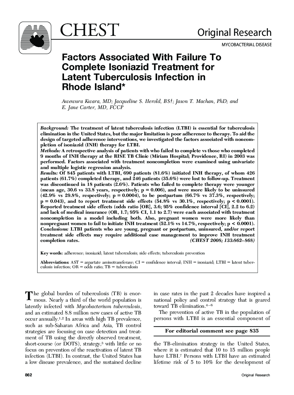 Factors Associated With Failure To Complete Isoniazid Treatment for Latent Tuberculosis Infection in Rhode Island 