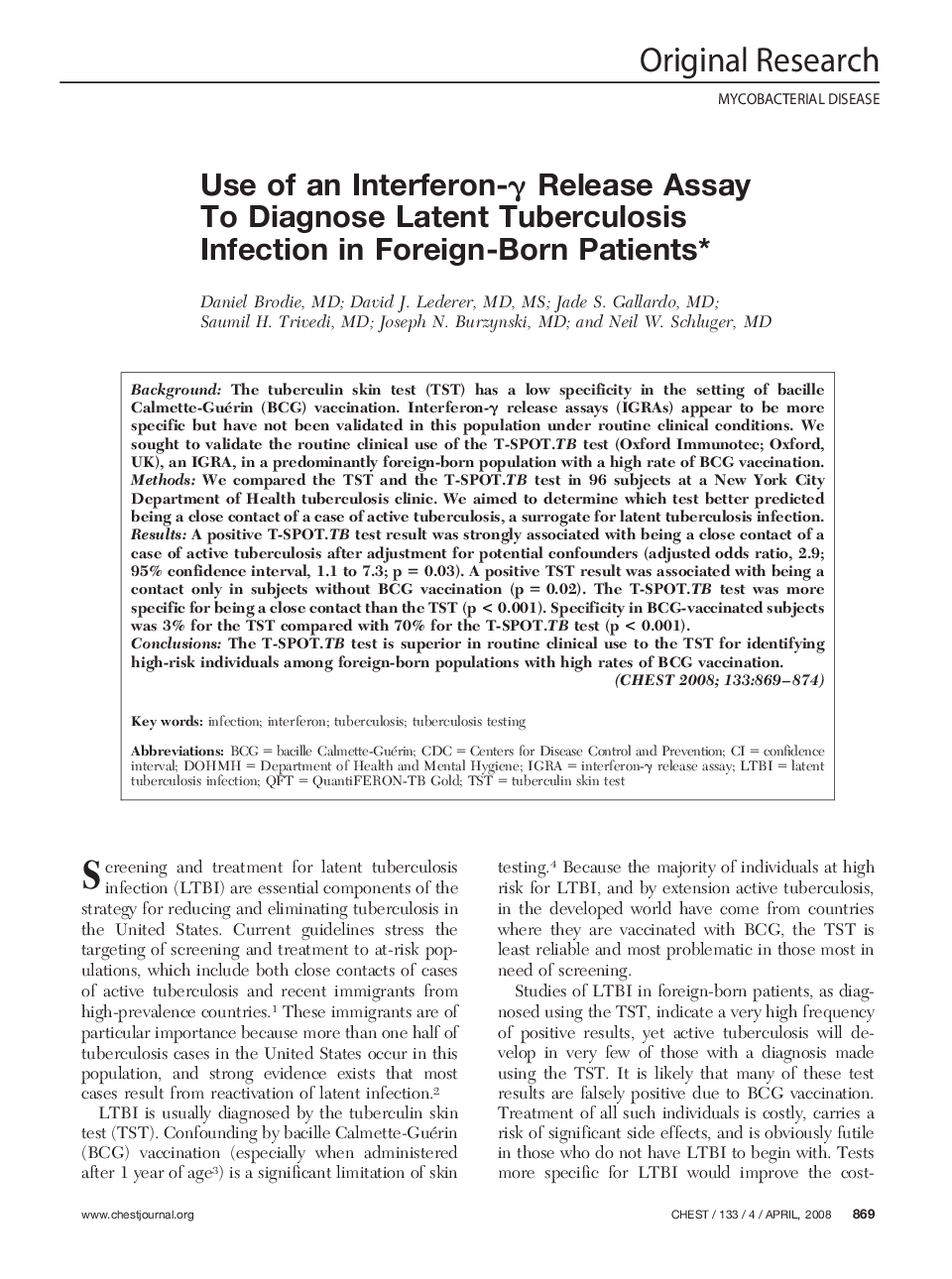 Use of an Interferon-γ Release Assay To Diagnose Latent Tuberculosis Infection in Foreign-Born Patients 