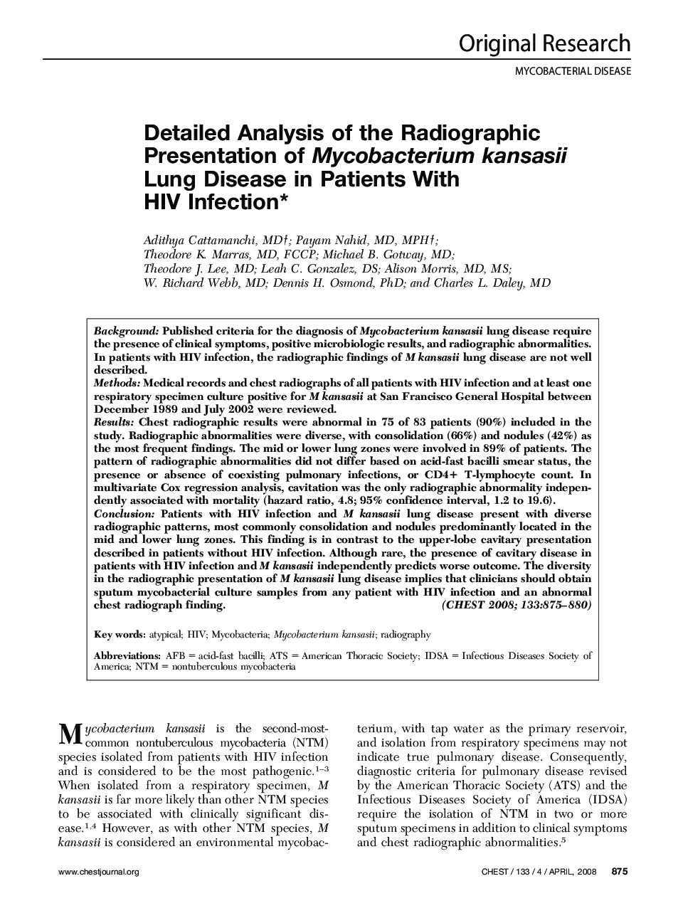 Detailed Analysis of the Radiographic Presentation of Mycobacterium kansasii Lung Disease in Patients With HIV Infection 