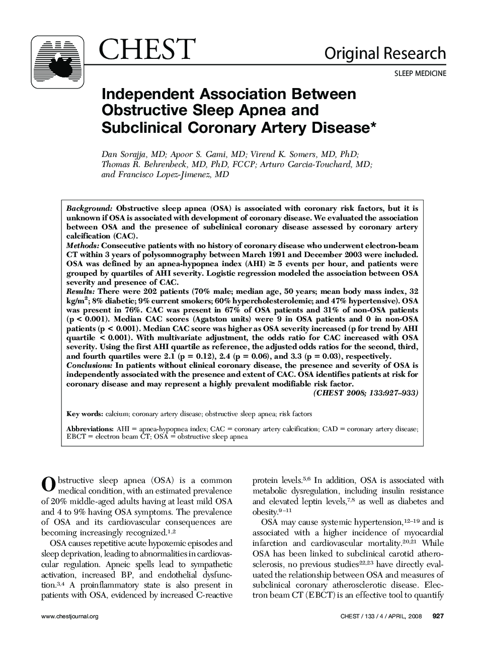 Independent Association Between Obstructive Sleep Apnea and Subclinical Coronary Artery Disease 