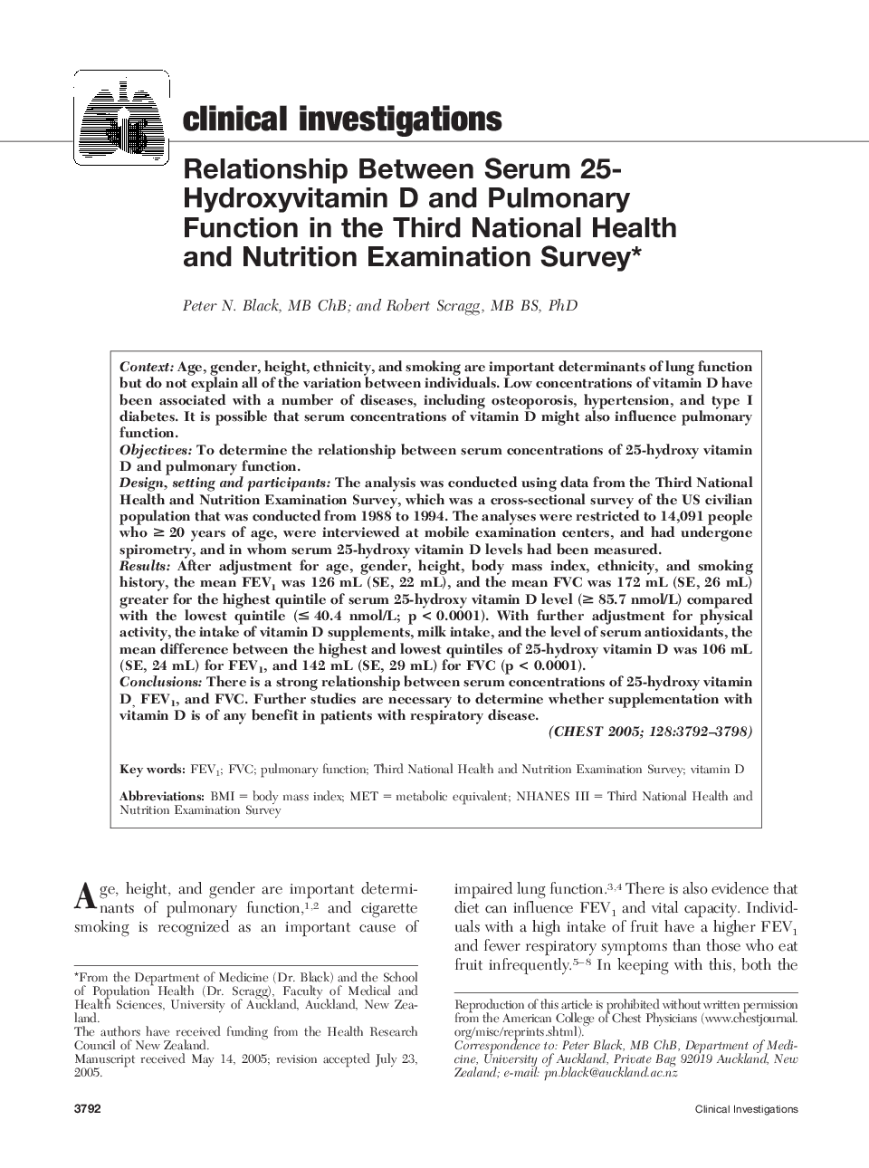 Relationship Between Serum 25-Hydroxyvitamin D and Pulmonary Function in the Third National Health and Nutrition Examination Survey 