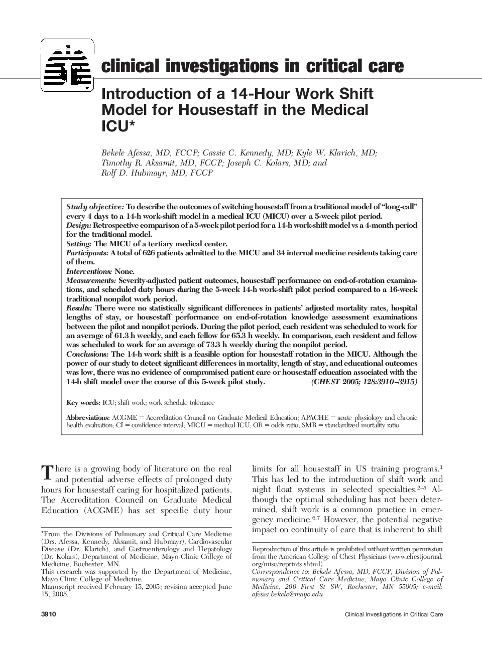 Introduction of a 14-Hour Work Shift Model for Housestaff in the Medical ICU 