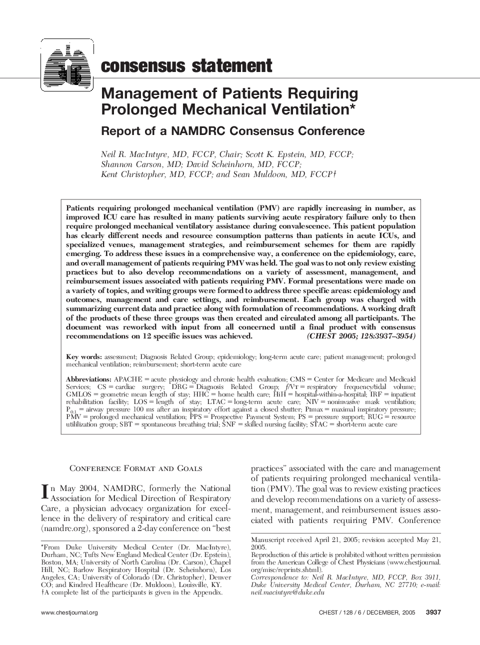 Management of Patients Requiring Prolonged Mechanical Ventilation : Report of a NAMDRC Consensus Conference