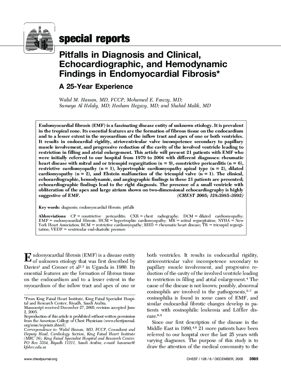 Pitfalls in Diagnosis and Clinical, Echocardiographic, and Hemodynamic Findings in Endomyocardial Fibrosis: A 25-Year Experience