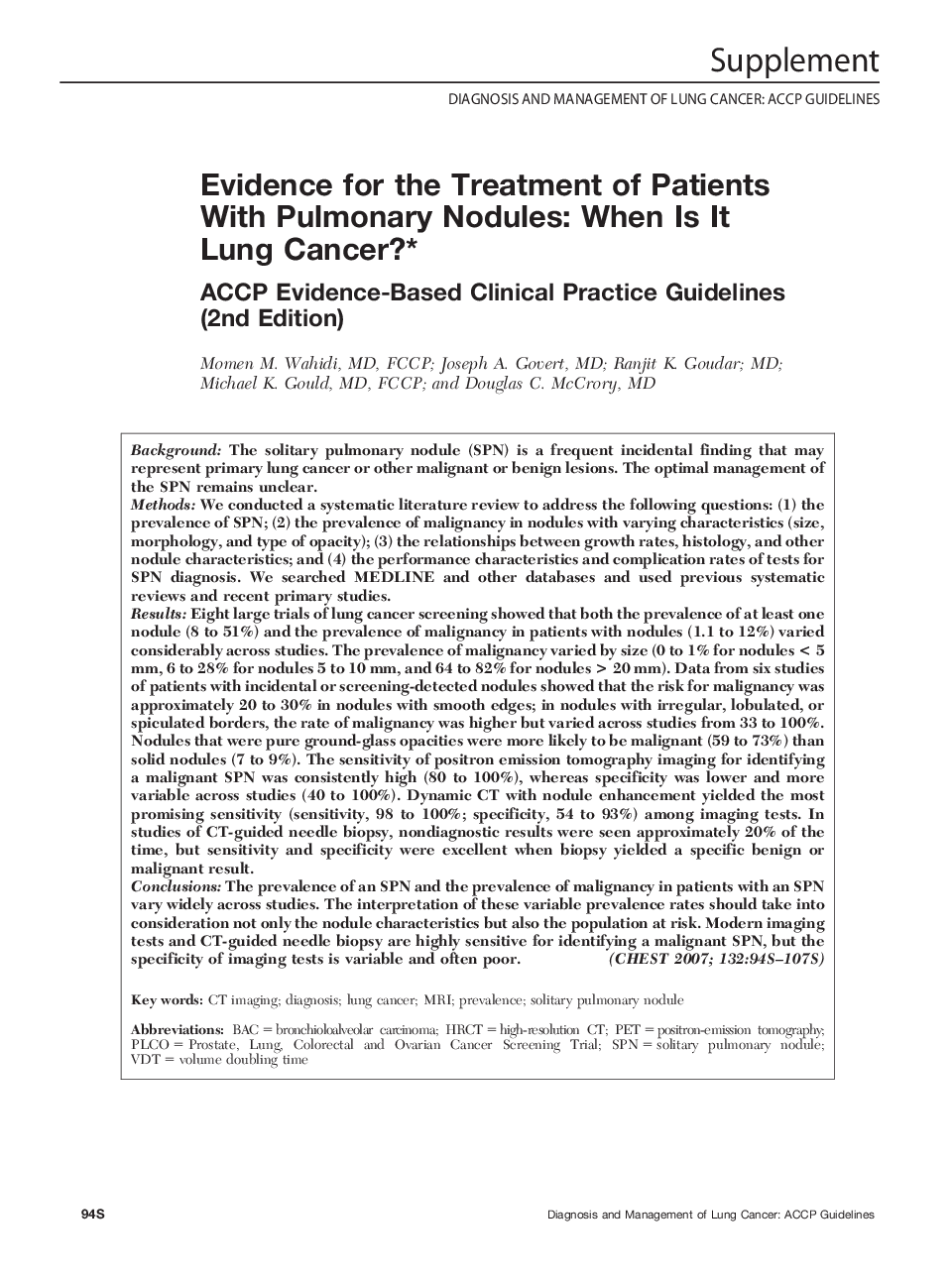 Evidence for the Treatment of Patients With Pulmonary Nodules: When Is It Lung Cancer? : ACCP Evidence-Based Clinical Practice Guidelines (2nd Edition)