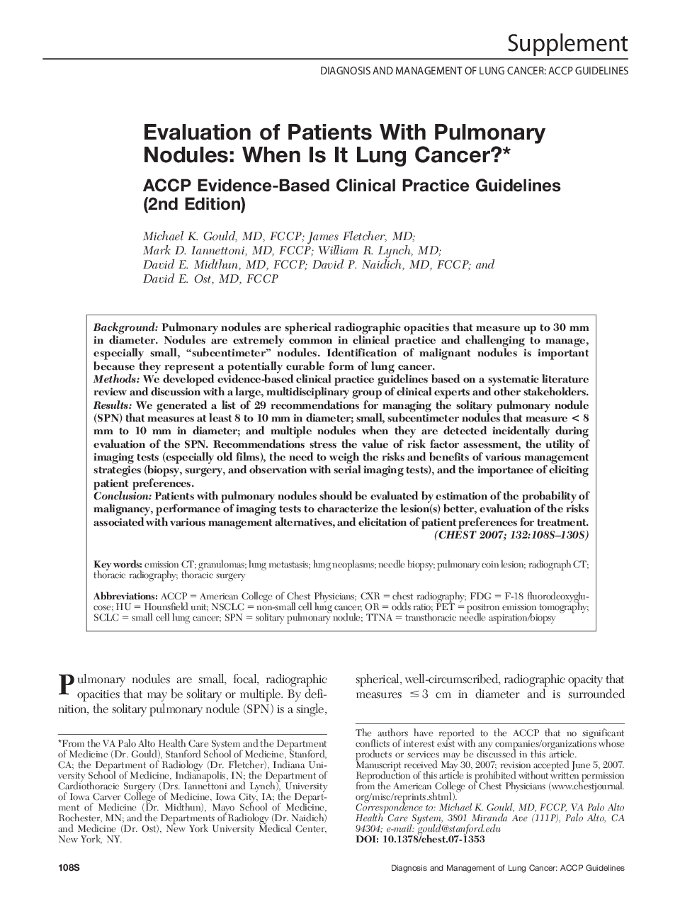 Evaluation of Patients With Pulmonary Nodules: When Is It Lung Cancer? : ACCP Evidence-Based Clinical Practice Guidelines (2nd Edition)