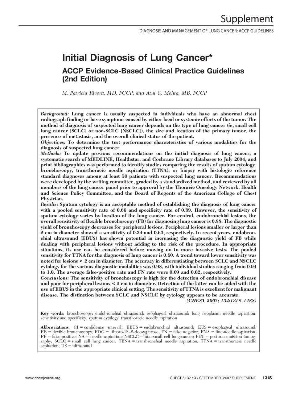 Initial Diagnosis of Lung Cancer : ACCP Evidence-Based Clinical Practice Guidelines (2nd Edition)