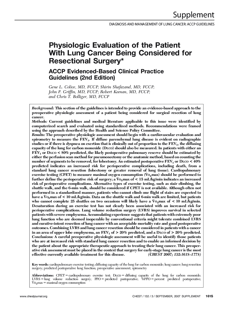 Physiologic Evaluation of the Patient With Lung Cancer Being Considered for Resectional Surgery : ACCP Evidenced-Based Clinical Practice Guidelines (2nd Edition)