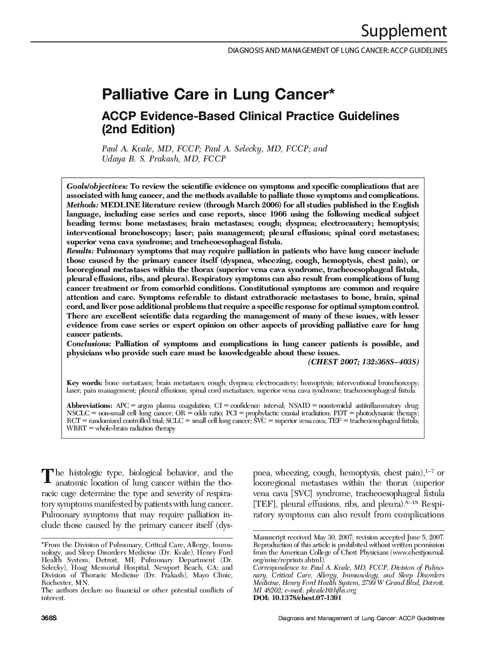 Palliative Care in Lung Cancer : ACCP Evidence-Based Clinical Practice Guidelines (2nd Edition)