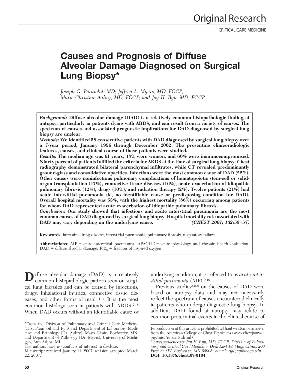 Causes and Prognosis of Diffuse Alveolar Damage Diagnosed on Surgical Lung Biopsy 