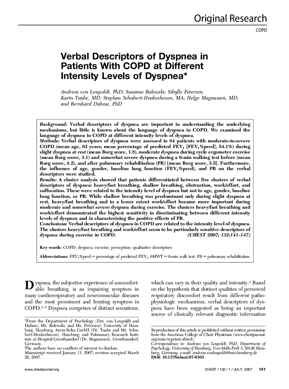 Verbal Descriptors of Dyspnea in Patients With COPD at Different Intensity Levels of Dyspnea 