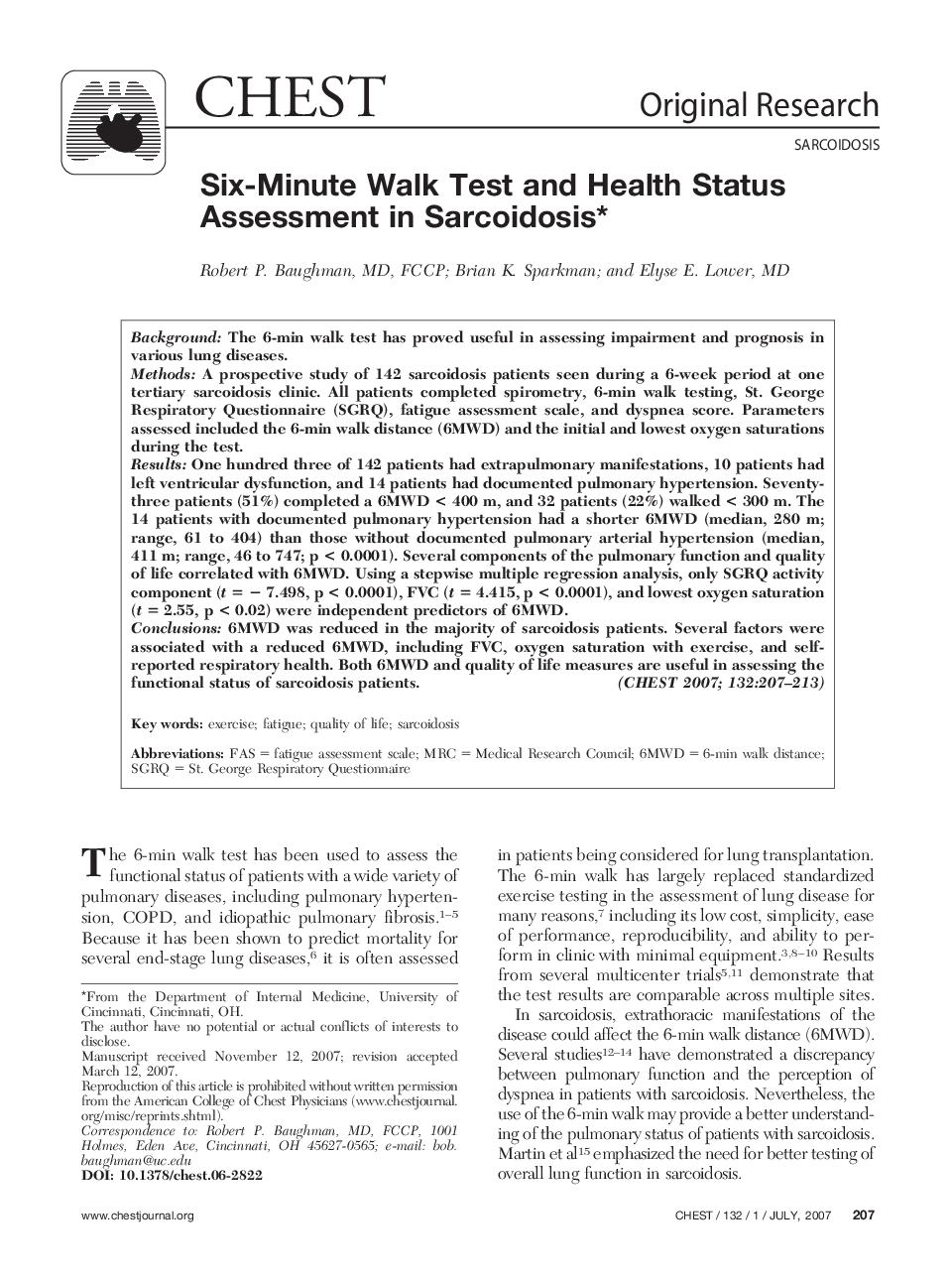 Six-Minute Walk Test and Health Status Assessment in Sarcoidosis 