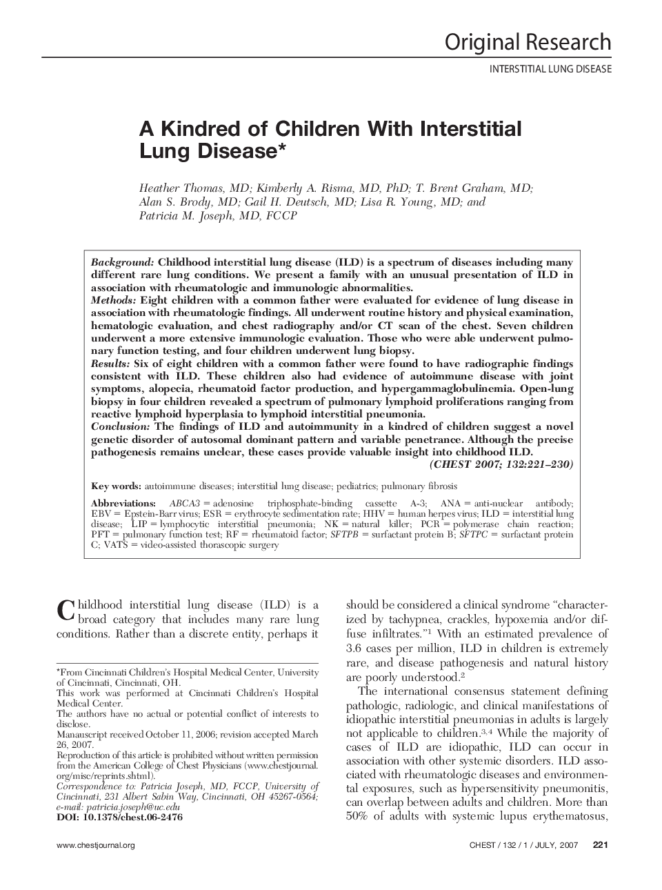 A Kindred of Children With Interstitial Lung Disease 