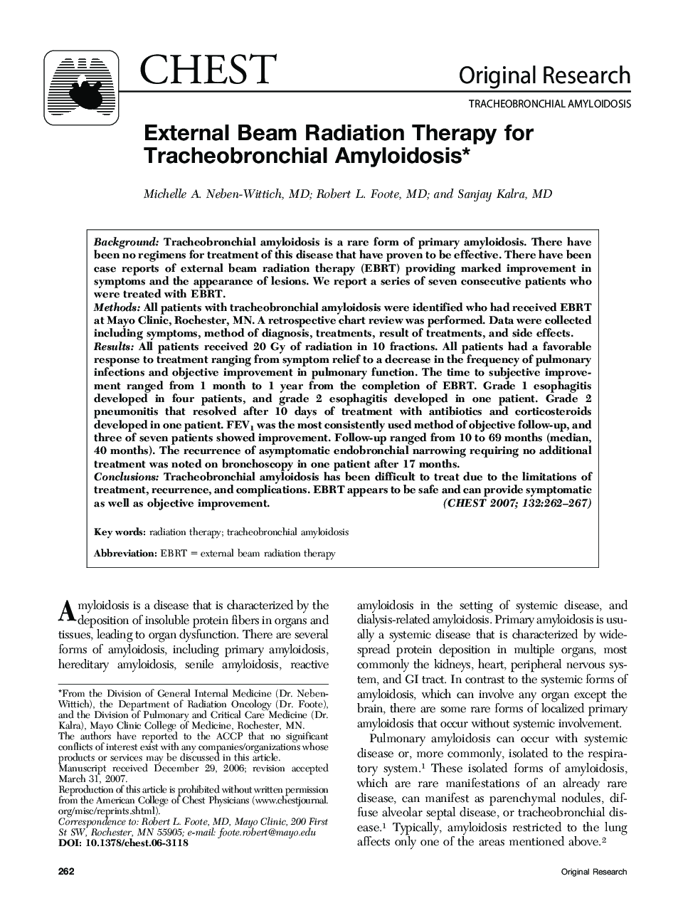 External Beam Radiation Therapy for Tracheobronchial Amyloidosis 