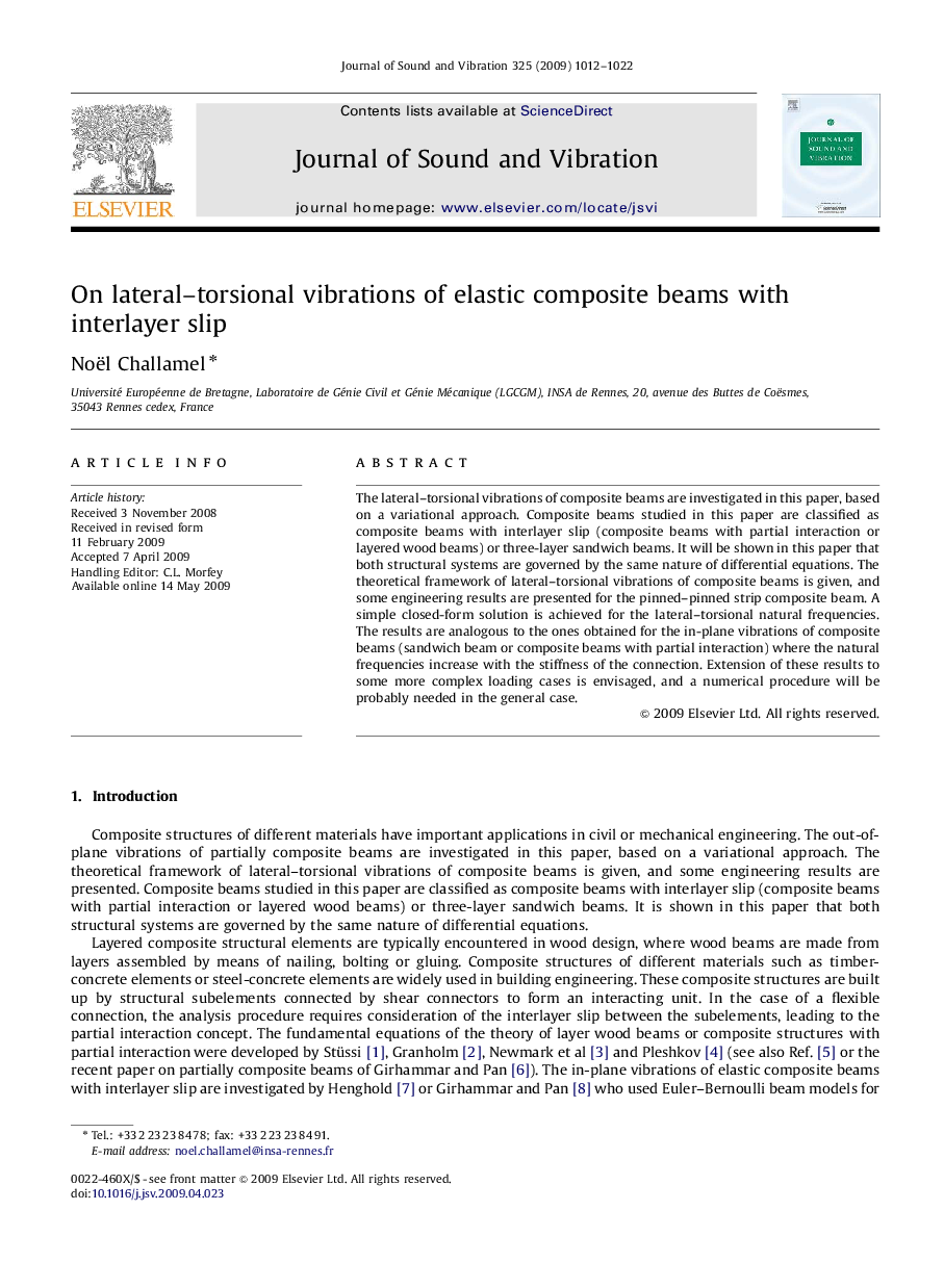 عکس صفحه اول مقاله: On lateral–torsional vibrations of elastic composite beams with interlayer slip On lateral–torsional vibrations of elastic composite beams with interlayer slip