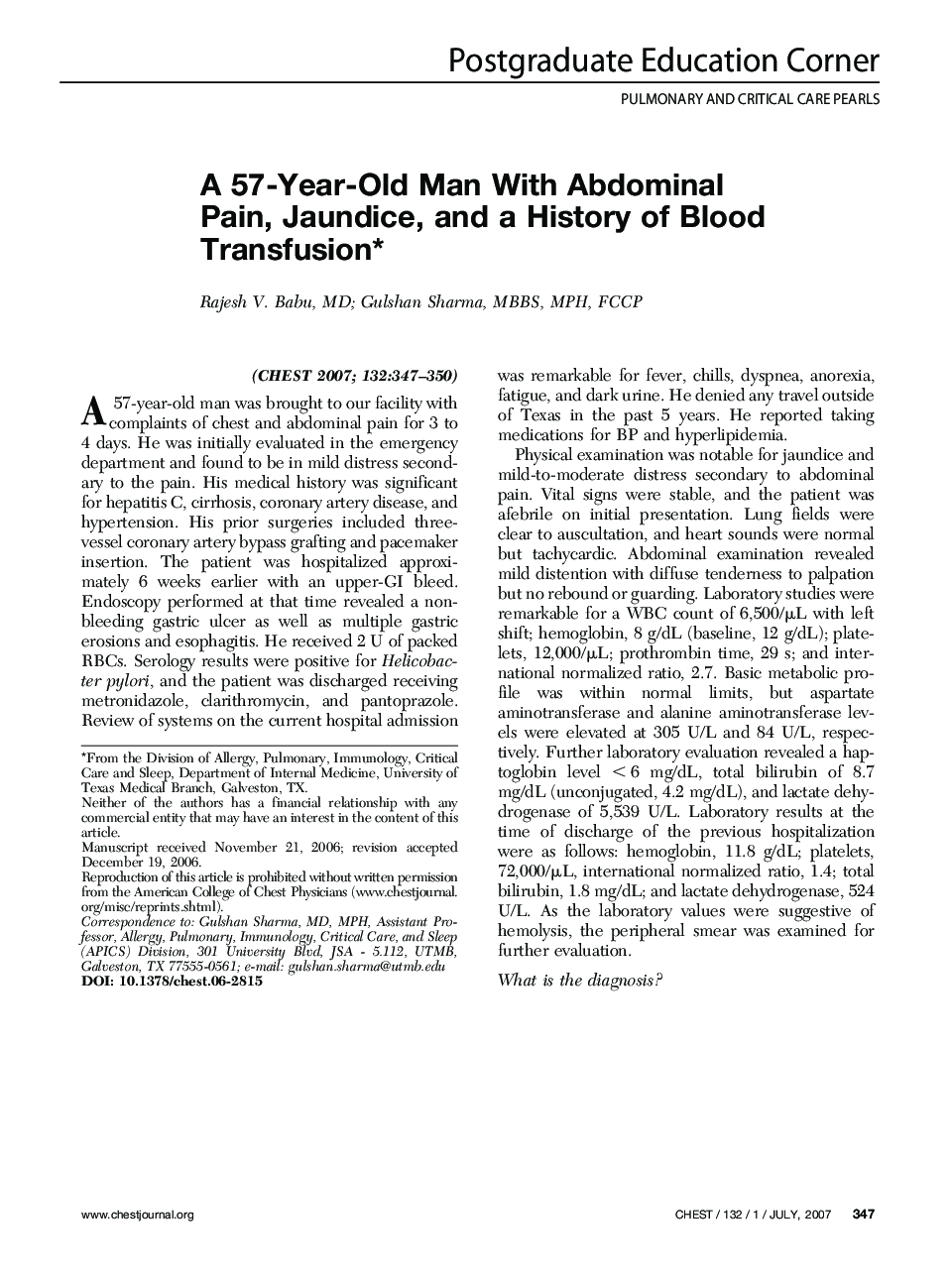A 57-Year-Old Man With Abdominal Pain, Jaundice, and a History of Blood Transfusion
