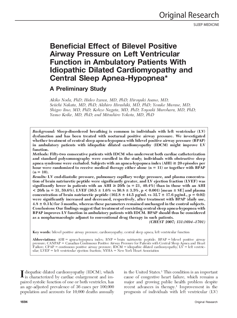 Beneficial Effect of Bilevel Positive Airway Pressure on Left Ventricular Function in Ambulatory Patients With Idiopathic Dilated Cardiomyopathy and Central Sleep Apnea-Hypopnea : A Preliminary Study