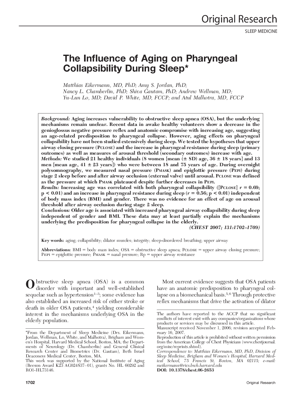 The Influence of Aging on Pharyngeal Collapsibility During Sleep 