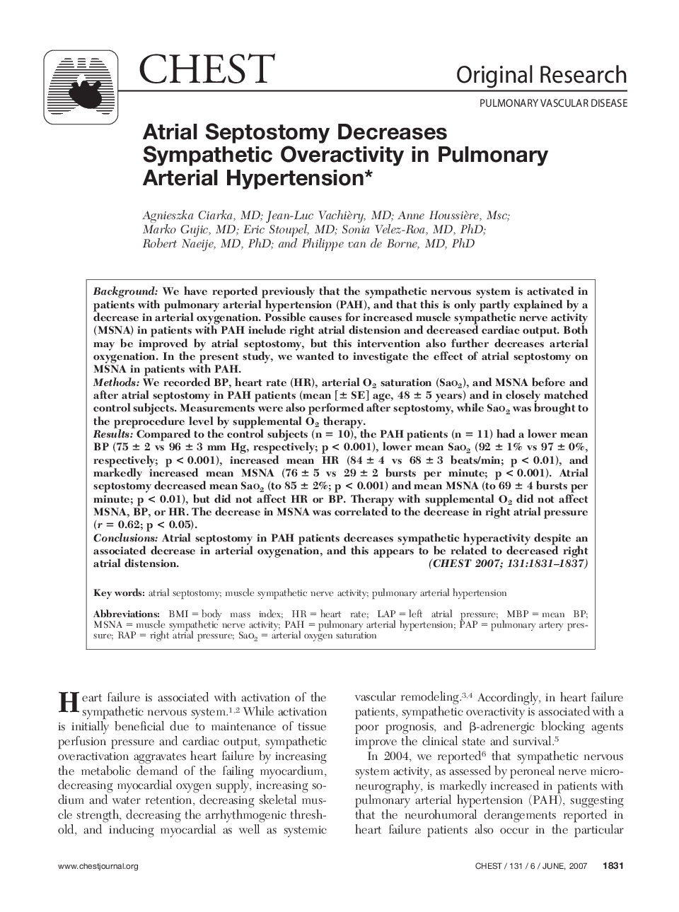 Atrial Septostomy Decreases Sympathetic Overactivity in Pulmonary Arterial Hypertension 