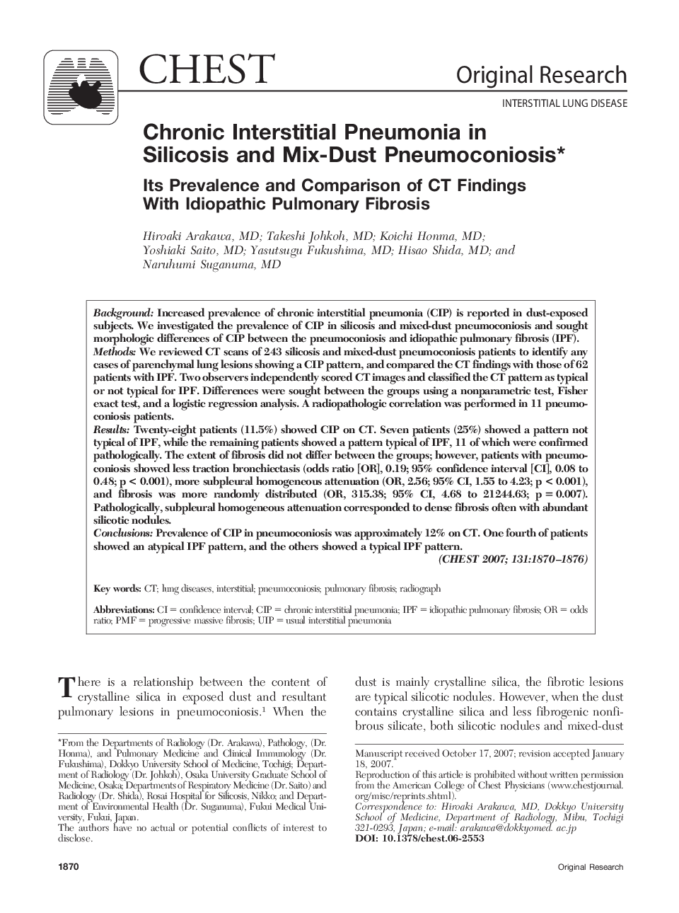 Chronic Interstitial Pneumonia in Silicosis and Mix-Dust Pneumoconiosis : Its Prevalence and Comparison of CT Findings With Idiopathic Pulmonary Fibrosis