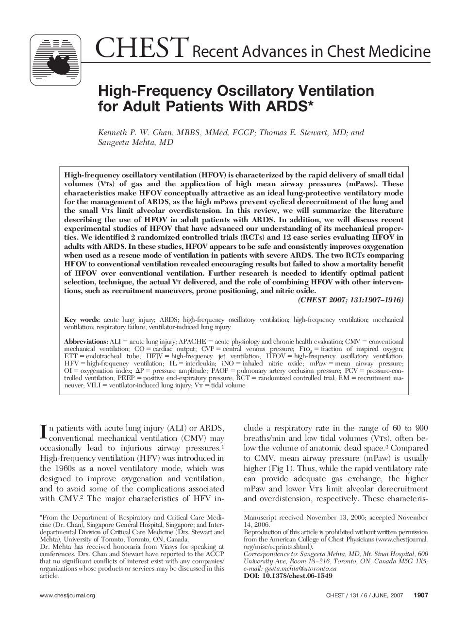 High-Frequency Oscillatory Ventilation for Adult Patients With ARDS 