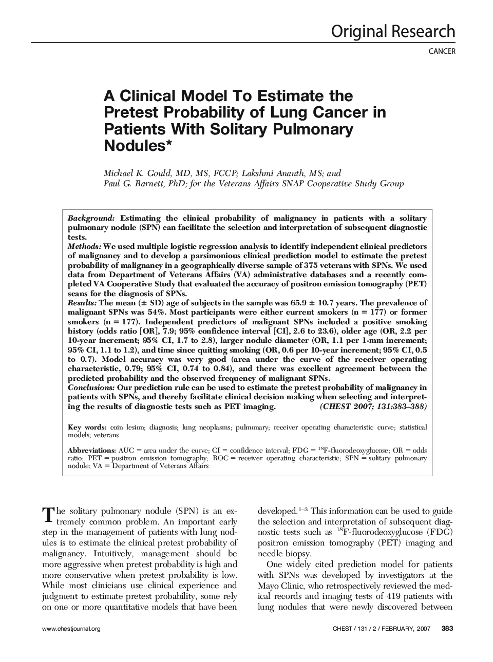 A Clinical Model To Estimate the Pretest Probability of Lung Cancer in Patients With Solitary Pulmonary Nodules 