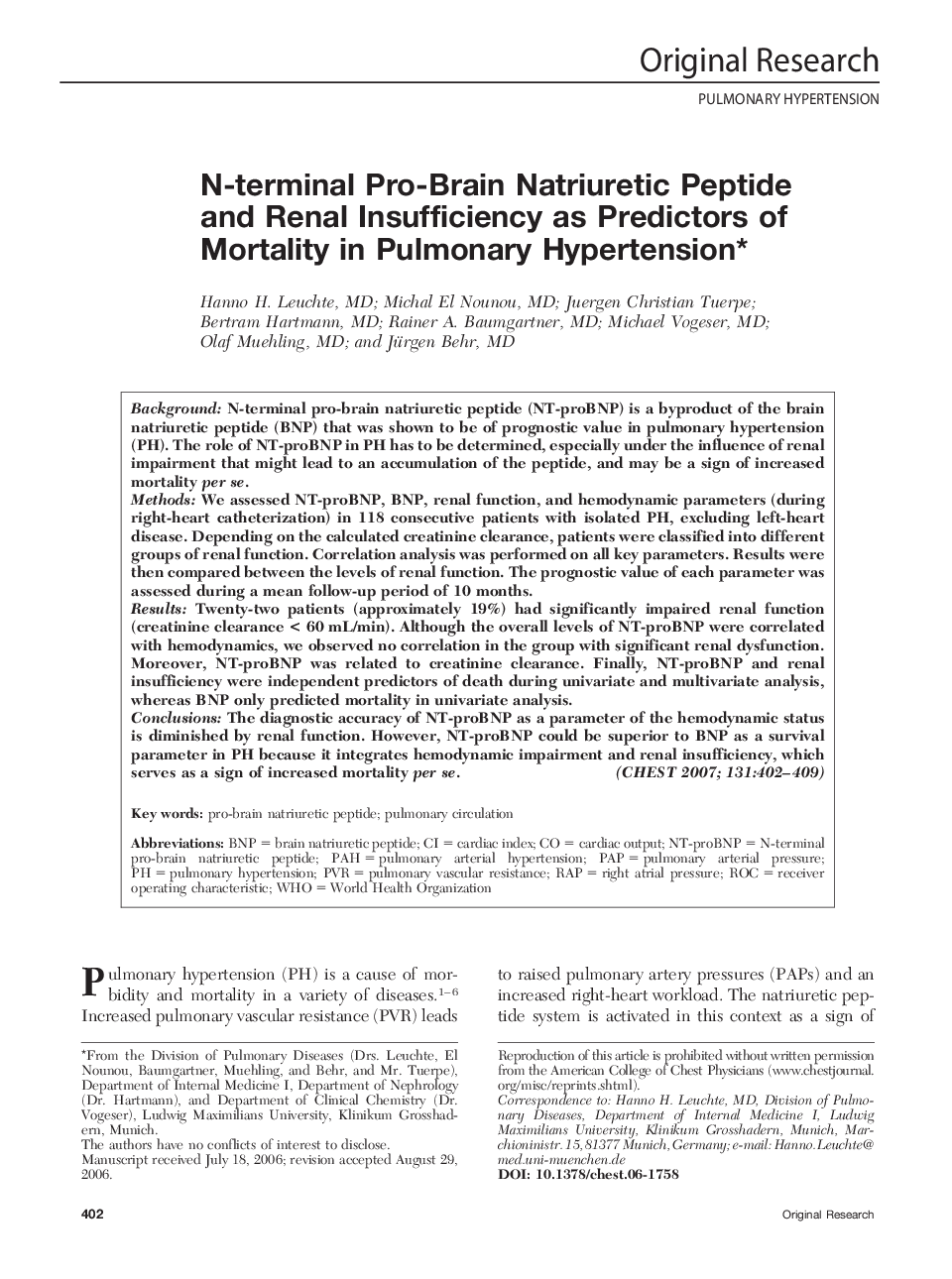 N-terminal Pro-Brain Natriuretic Peptide and Renal Insufficiency as Predictors of Mortality in Pulmonary Hypertension 