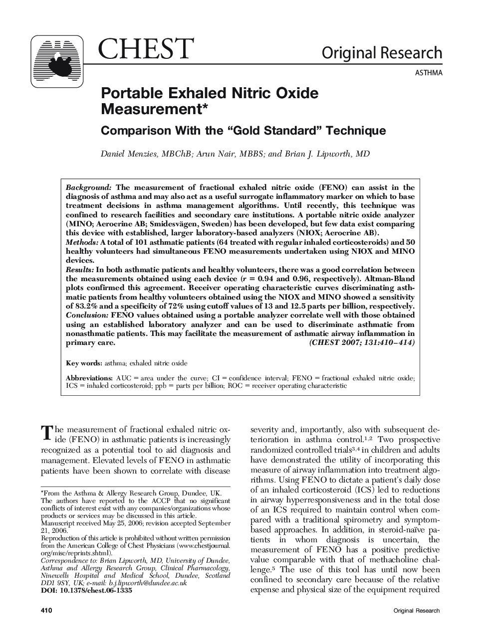 Portable Exhaled Nitric Oxide Measurement 