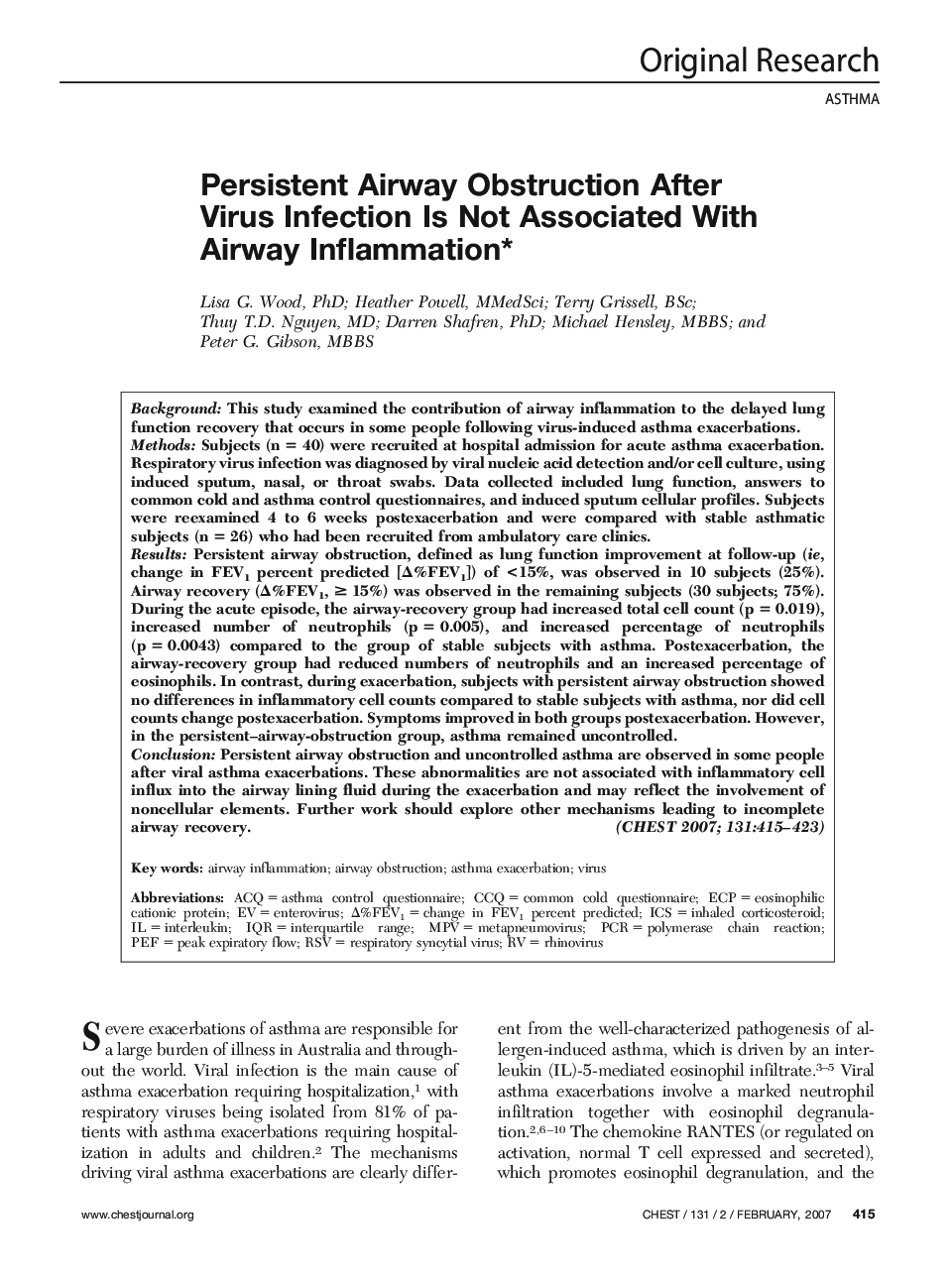 Persistent Airway Obstruction After Virus Infection Is Not Associated With Airway Inflammation 