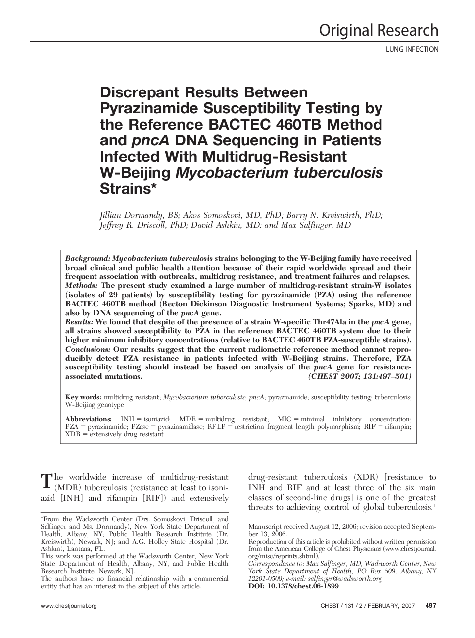 Discrepant Results Between Pyrazinamide Susceptibility Testing by the Reference BACTEC 460TB Method andpncADNA Sequencing in Patients Infected With Multidrug-Resistant W-BeijingMycobacterium tuberculosisStrains 