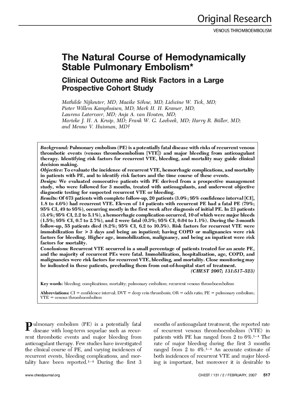 The Natural Course of Hemodynamically Stable Pulmonary Embolism : Clinical Outcome and Risk Factors in a Large Prospective Cohort Study