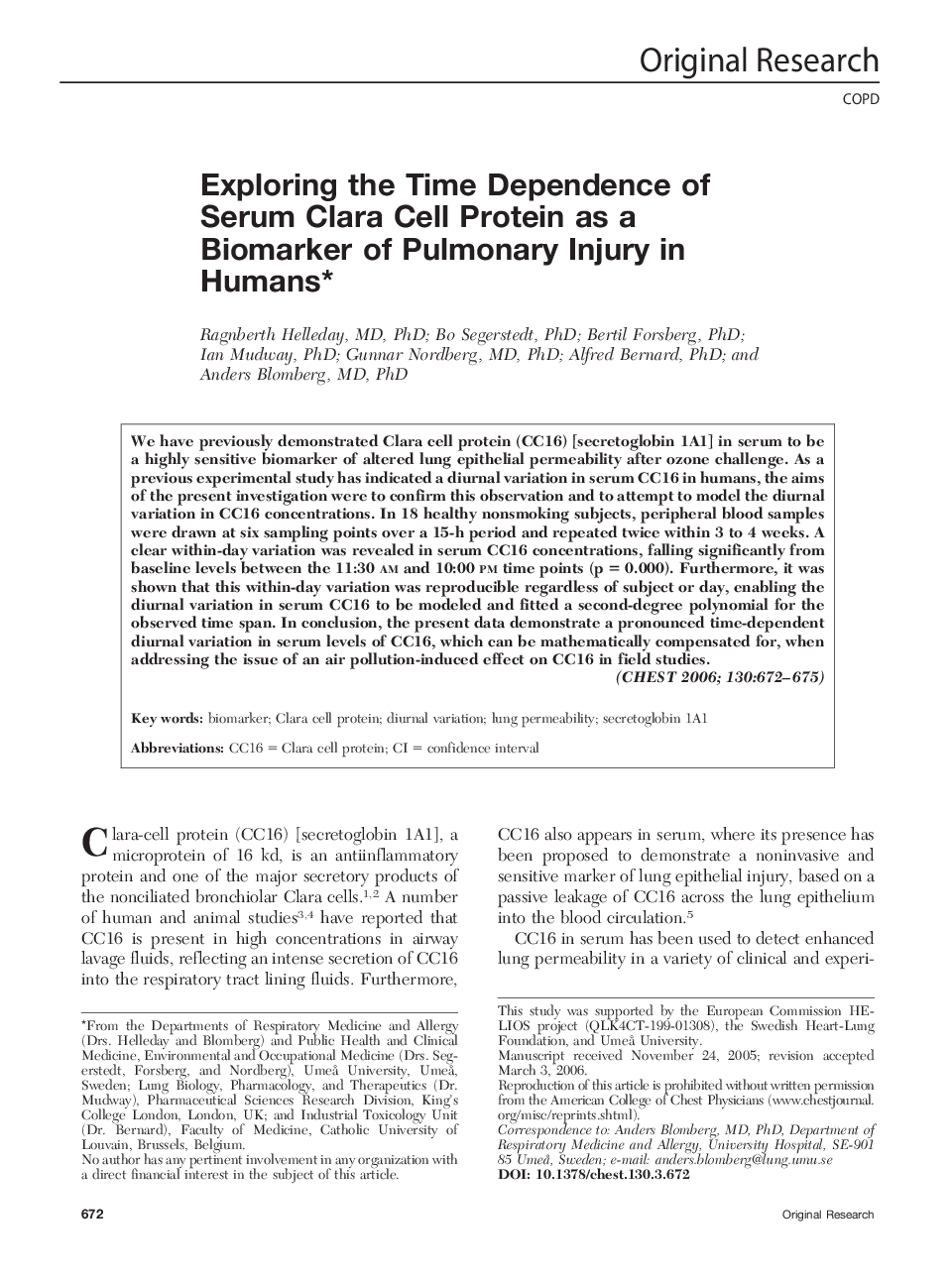 Exploring the Time Dependence of Serum Clara Cell Protein as a Biomarker of Pulmonary Injury in Humans 