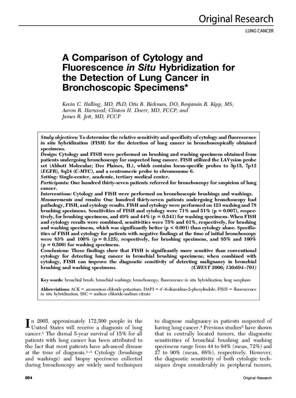 A Comparison of Cytology and Fluorescence in Situ Hybridization for the Detection of Lung Cancer in Bronchoscopic Specimens 