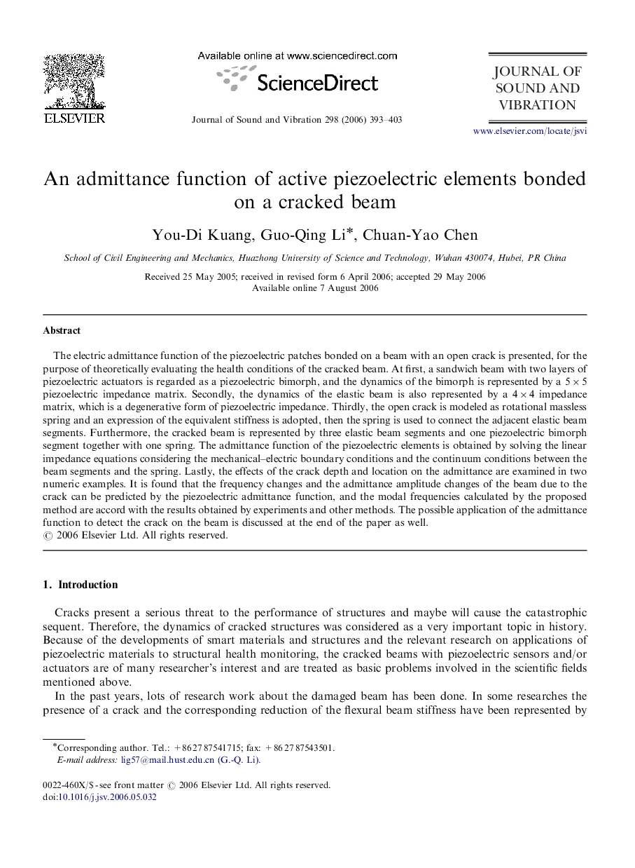 An admittance function of active piezoelectric elements bonded on a cracked beam