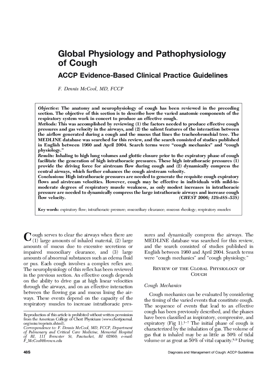 Global Physiology and Pathophysiology of Cough : ACCP Evidence-Based Clinical Practice Guidelines