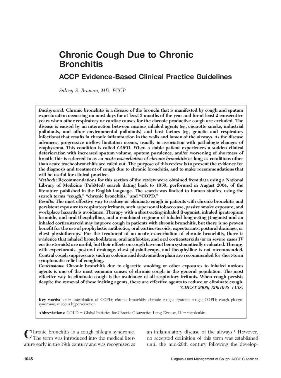 Chronic Cough Due to Chronic Bronchitis : ACCP Evidence-Based Clinical Practice Guidelines