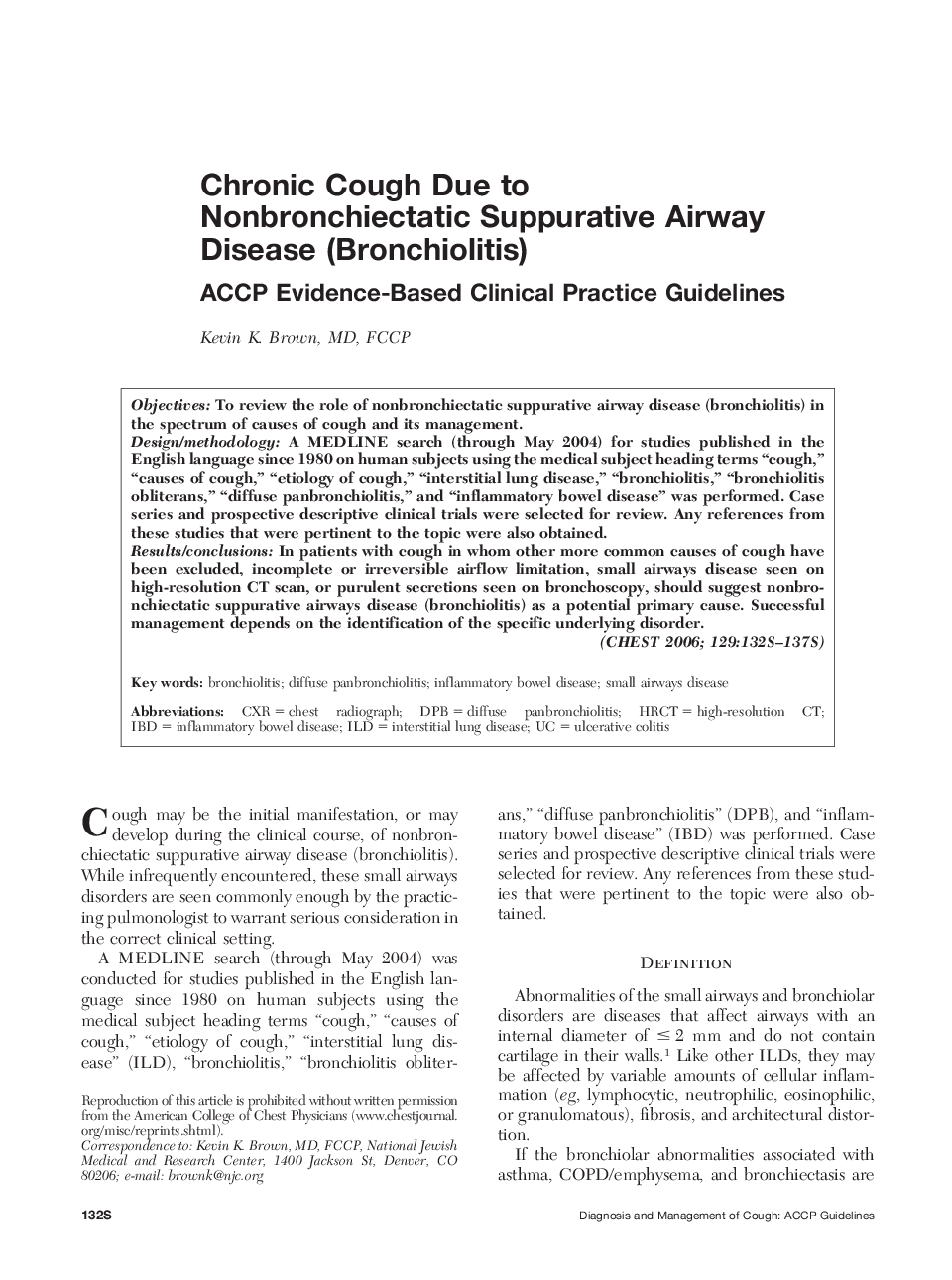 Chronic Cough Due to Nonbronchiectatic Suppurative Airway Disease (Bronchiolitis) : ACCP Evidence-Based Clinical Practice Guidelines