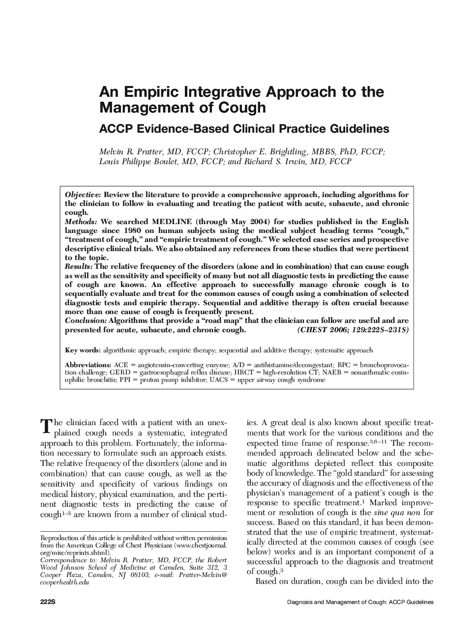An Empiric Integrative Approach to the Management of Cough : ACCP Evidence-Based Clinical Practice Guidelines