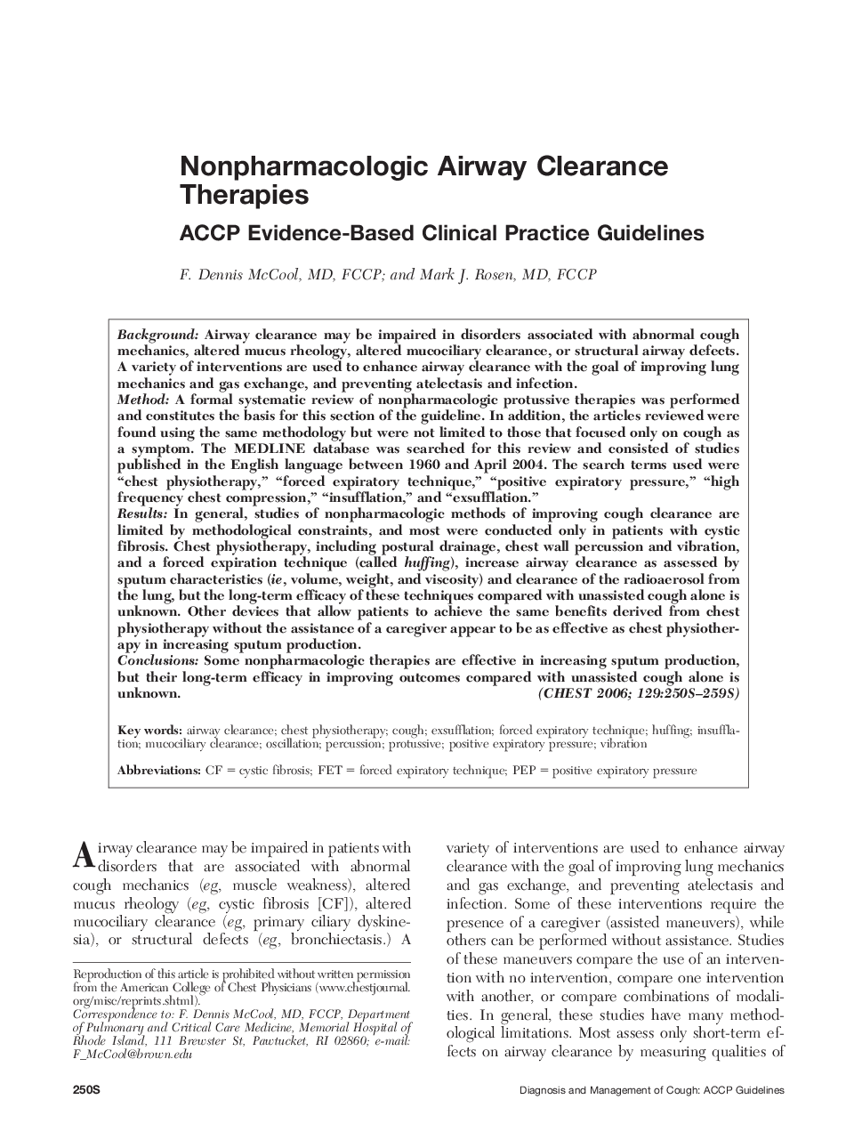 Nonpharmacologic Airway Clearance Therapies : ACCP Evidence-Based Clinical Practice Guidelines