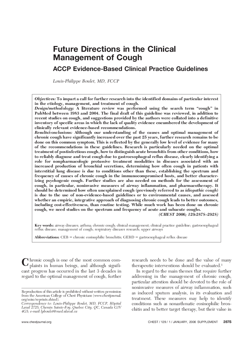 Future Directions in the Clinical Management of Cough : ACCP Evidence-Based Clinical Practice Guidelines