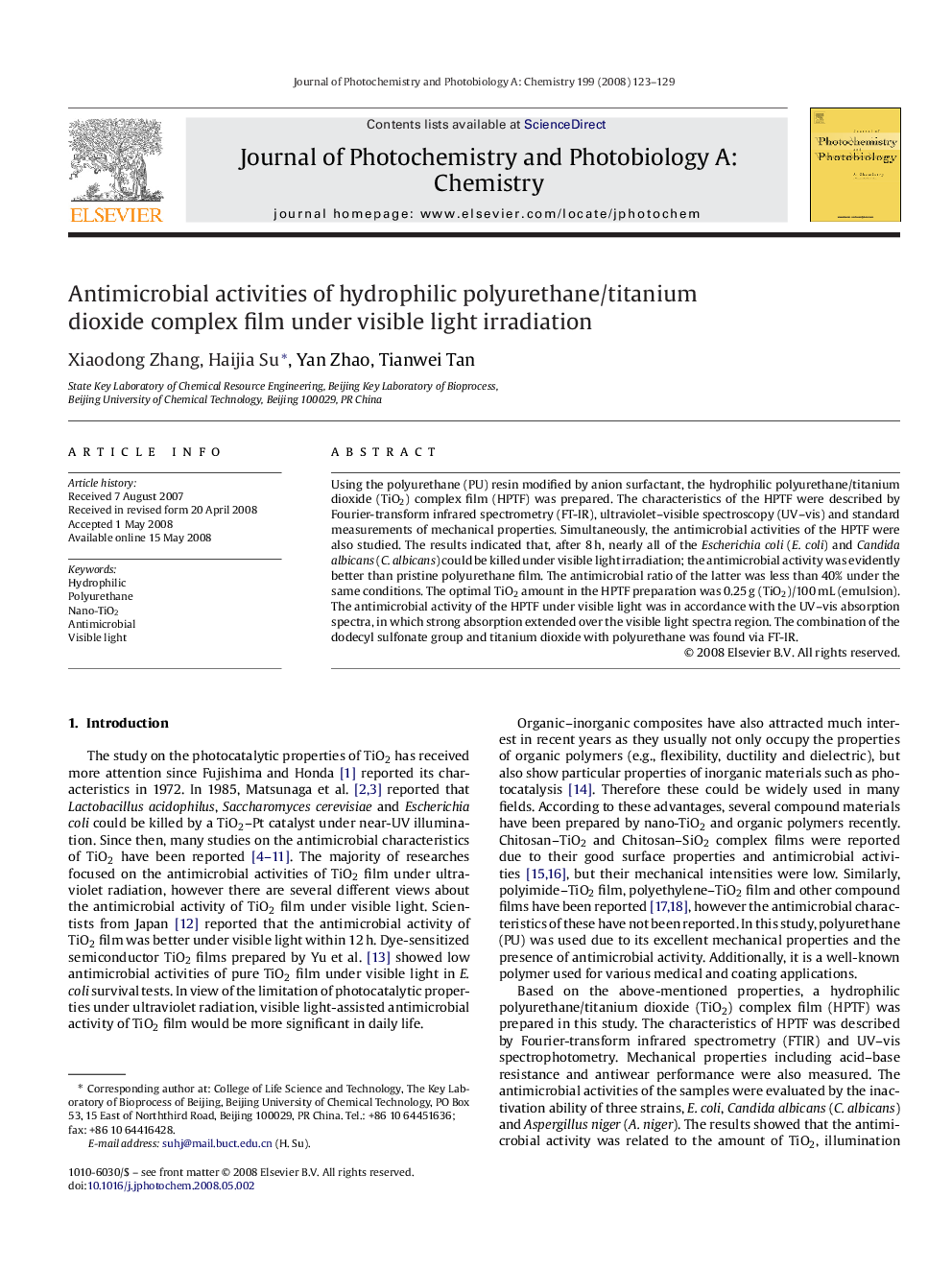 Antimicrobial activities of hydrophilic polyurethane/titanium dioxide complex film under visible light irradiation