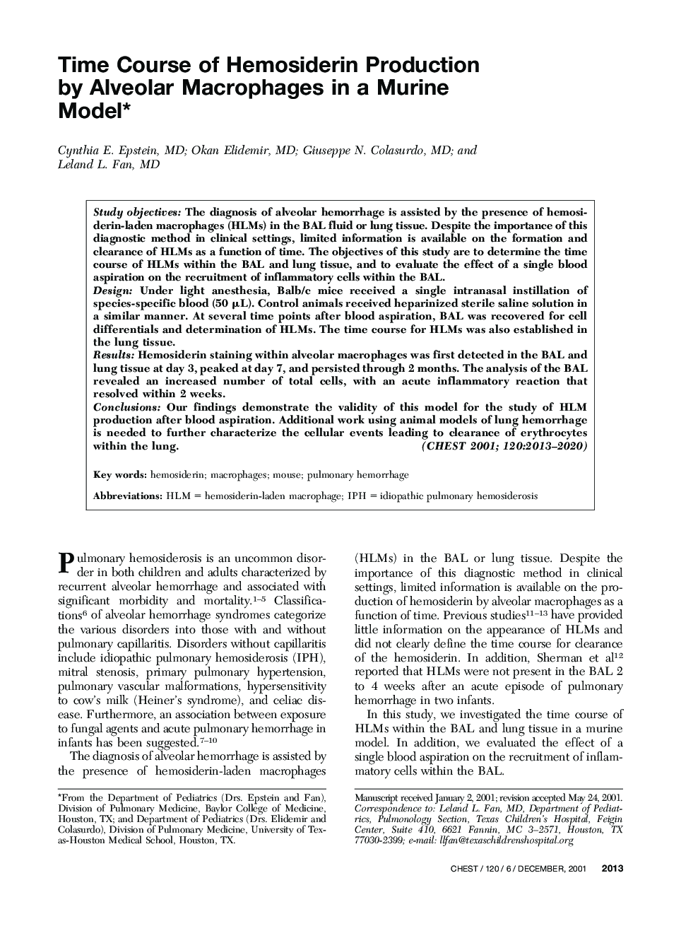 Time Course of Hemosiderin Production by Alveolar Macrophages in a Murine Model