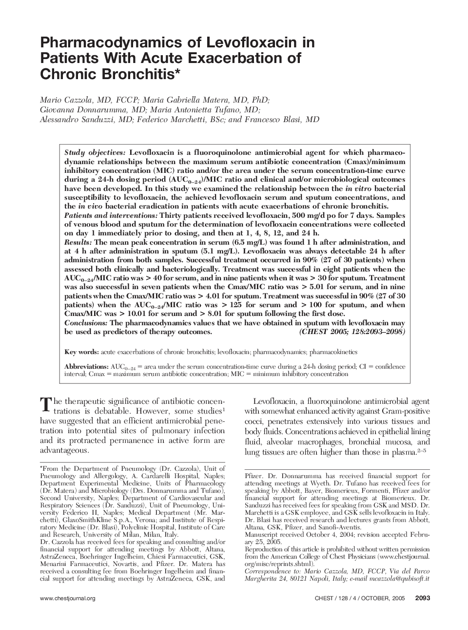 Pharmacodynamics of Levofloxacin in Patients With Acute Exacerbation of Chronic Bronchitis