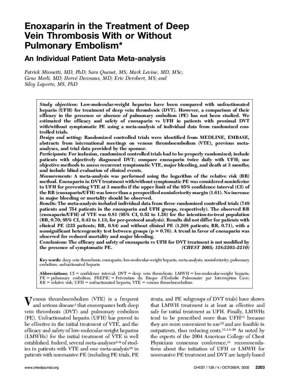 Enoxaparin in the Treatment of Deep Vein Thrombosis With or Without Pulmonary Embolism : An Individual Patient Data Meta-analysis