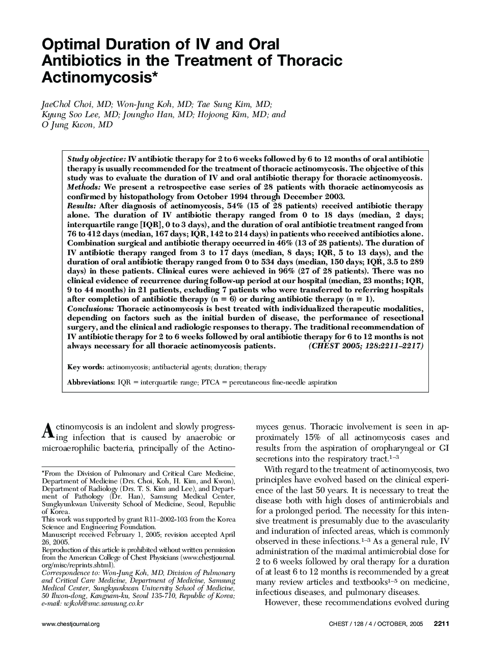 Optimal Duration of IV and Oral Antibiotics in the Treatment of Thoracic Actinomycosis 