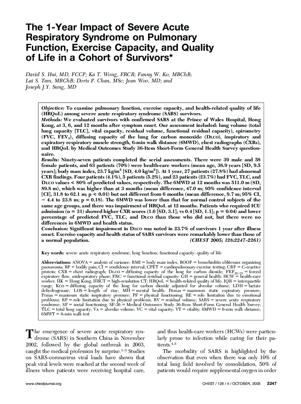 The 1-Year Impact of Severe Acute Respiratory Syndrome on Pulmonary Function, Exercise Capacity, and Quality of Life in a Cohort of Survivors
